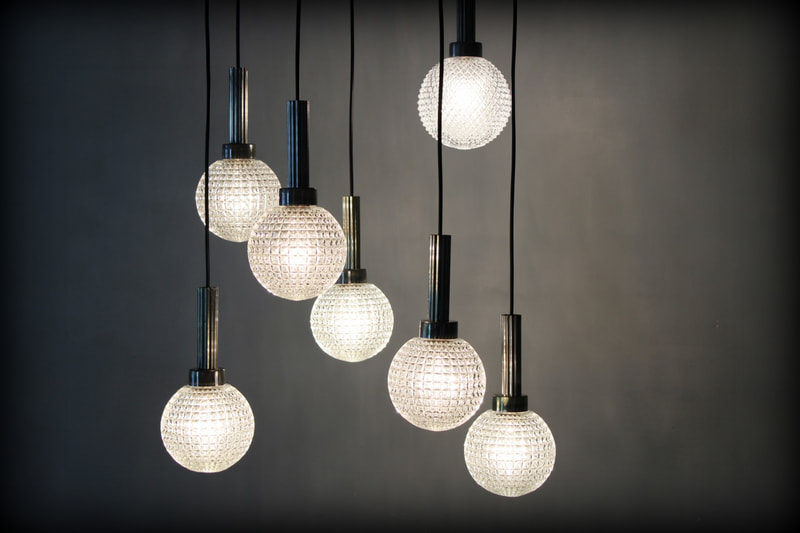 Vintage design cluster hanglamp Hustadt Leuchten 7 bolvormige lichtpunten