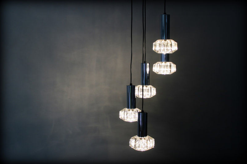 Vintage design cluster hanglamp Hustadt Leuchten tandwiel glaswerk