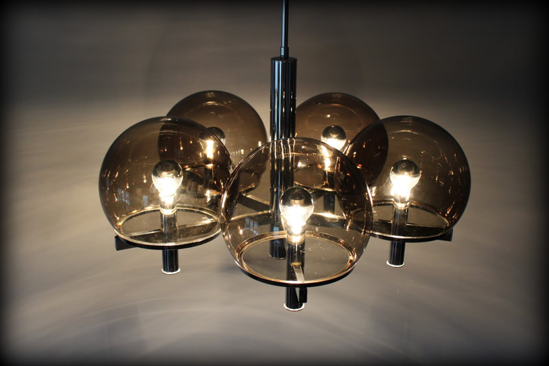 Vintage design luchter chroom getint glaswerk 'Club' Gaetano Sciolari