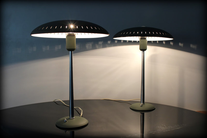 Paar vintage design tafellamp Philips Louis Kalff 'evoluon' English Green.