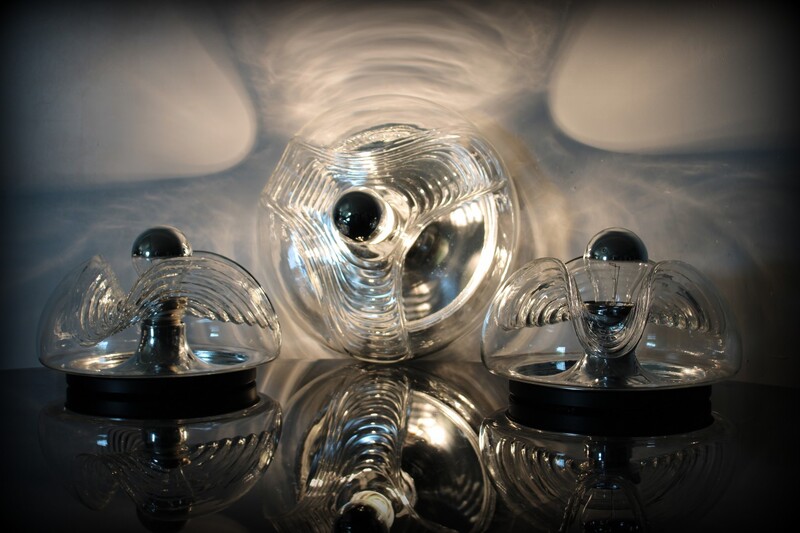 Set van 3 vintage design Futura lampen Peill & Putzler 1xL+2xM helder kristalglas